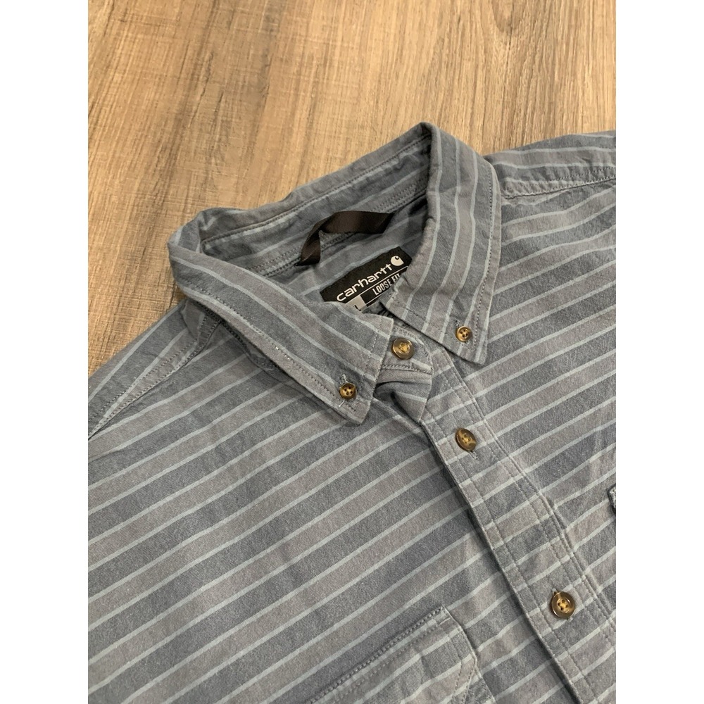 Carhartt Mens XL Loose Fit Short Sleeve Button Down Striped Work Shirt Blue Grey